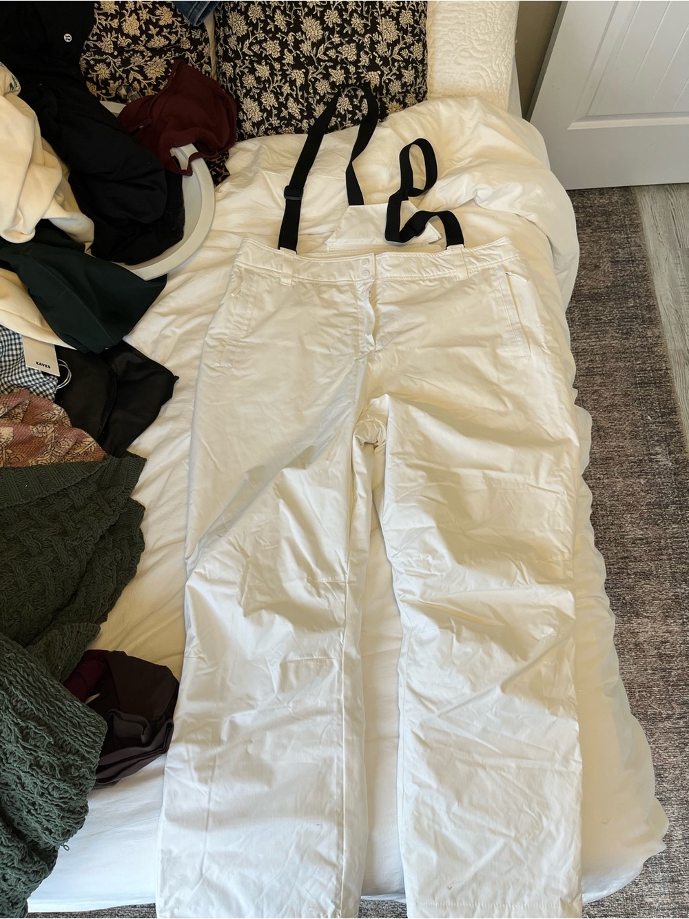White Straight-Leg Snow Pants with Black Adjustable Suspenders